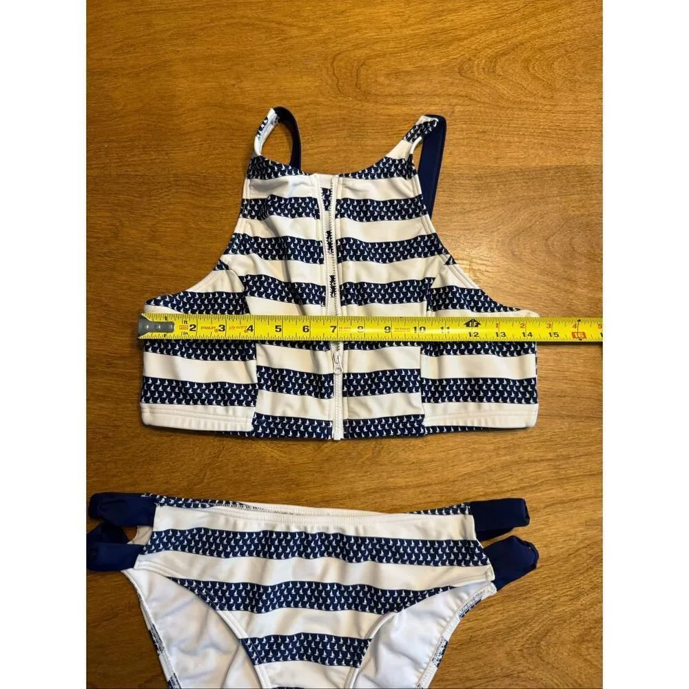 Venus Kids High Neck Zip Front Sailboat Stripe Bikini Set Navy White Size 12